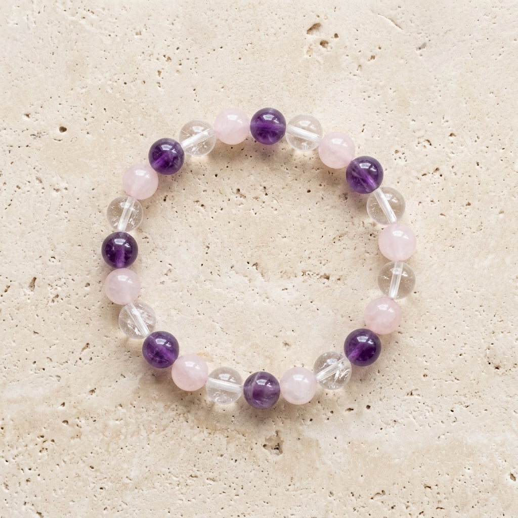 Bracelet Améthyste, Cristal de Roche & Quartz Rose