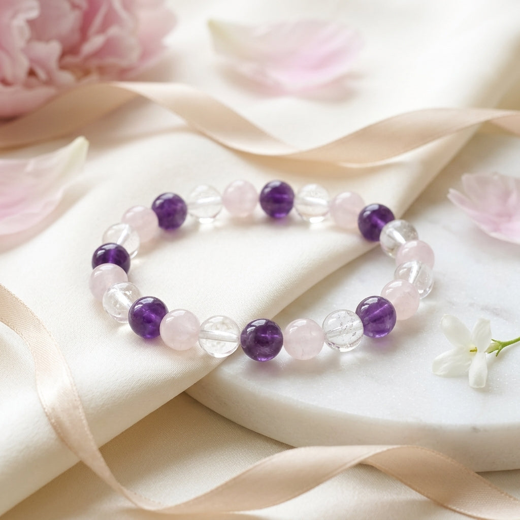 Bracelet Améthyste, Cristal de Roche & Quartz Rose